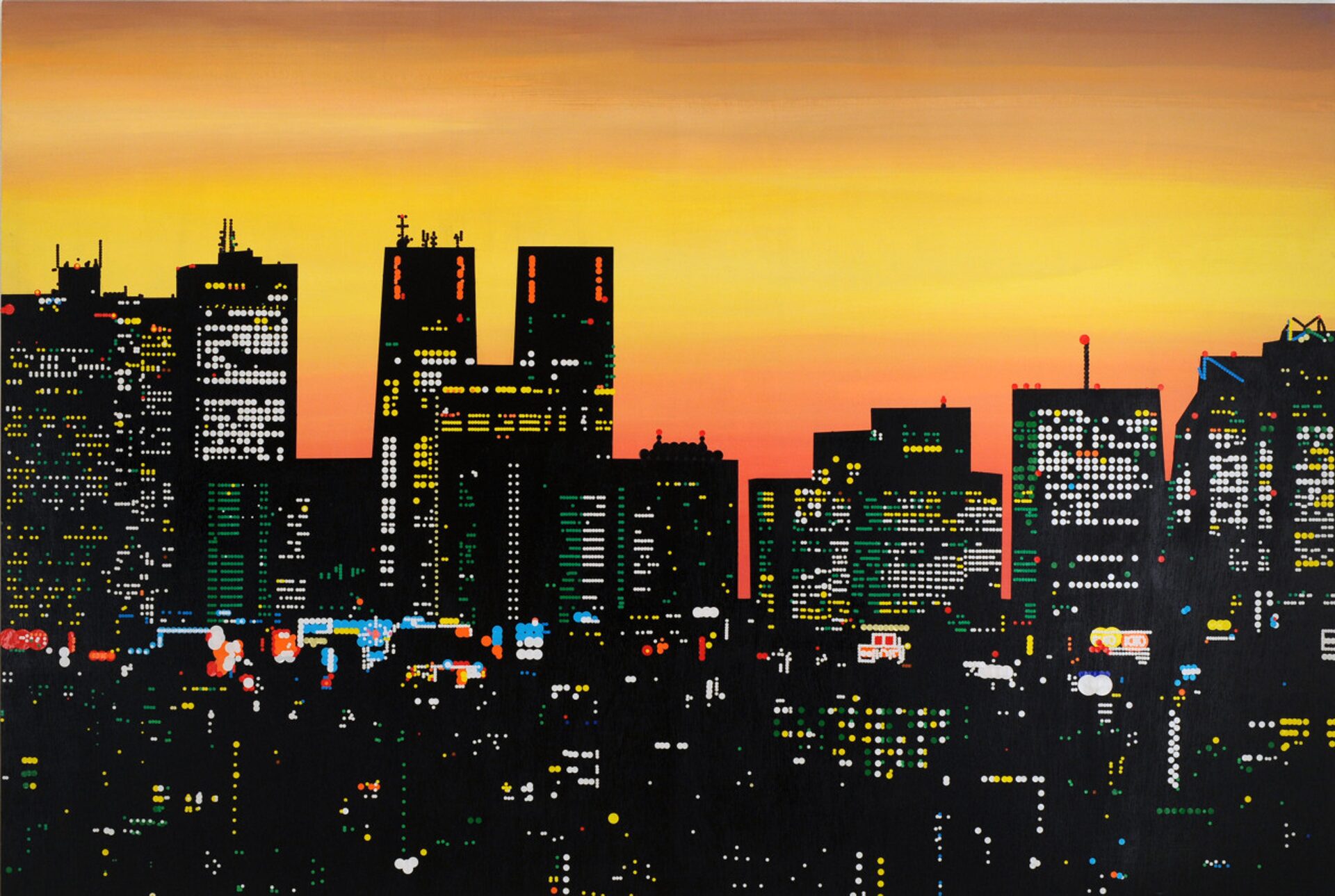 大村雪乃 yukino-art Twilight-Shinjyuku Mixed media, Sticker on Panel h1303mm ×w1940mm 2013