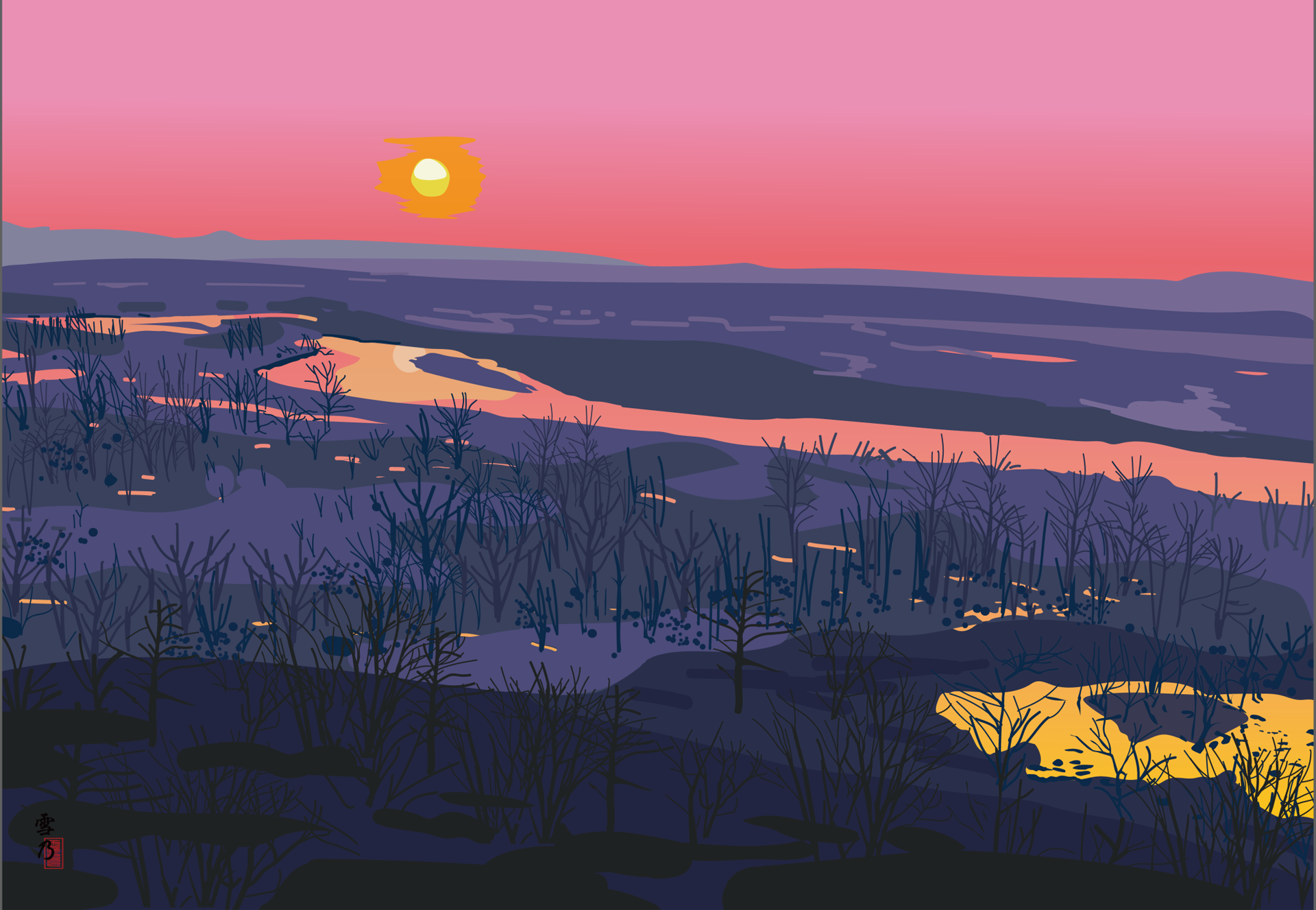 大村雪乃 yukino-art 釧路湿原夕景 Cutting sheet,acrylic on Panel h803mmx w1167mm 2024